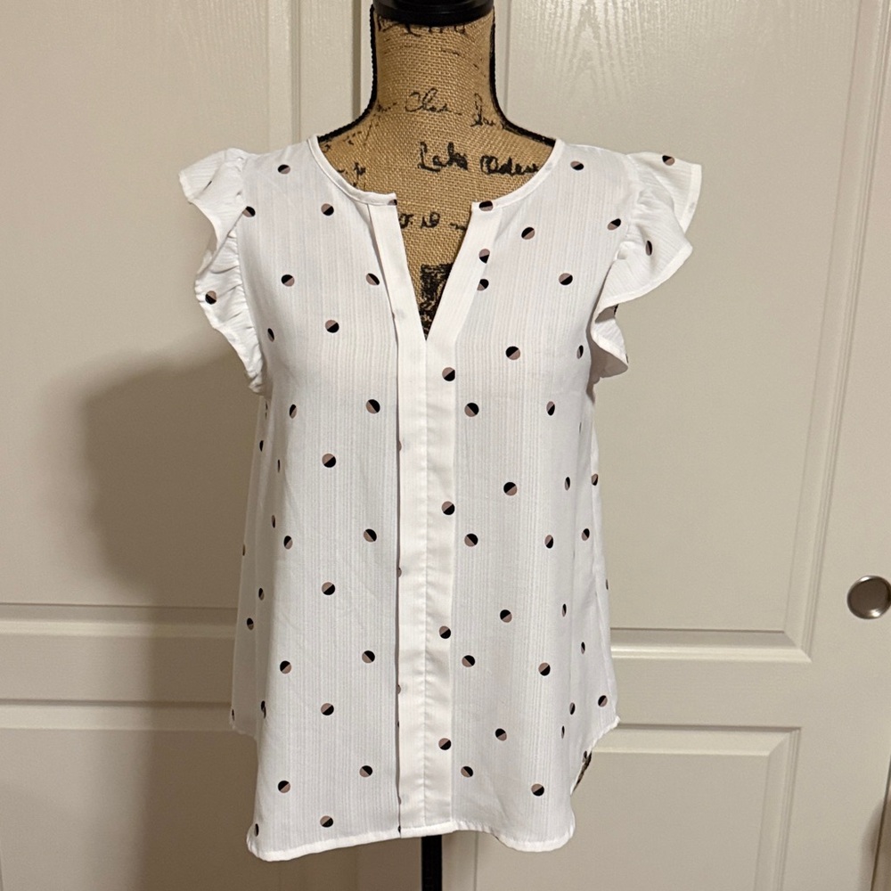 White Polka Dot Flutter Sleeve Blouse